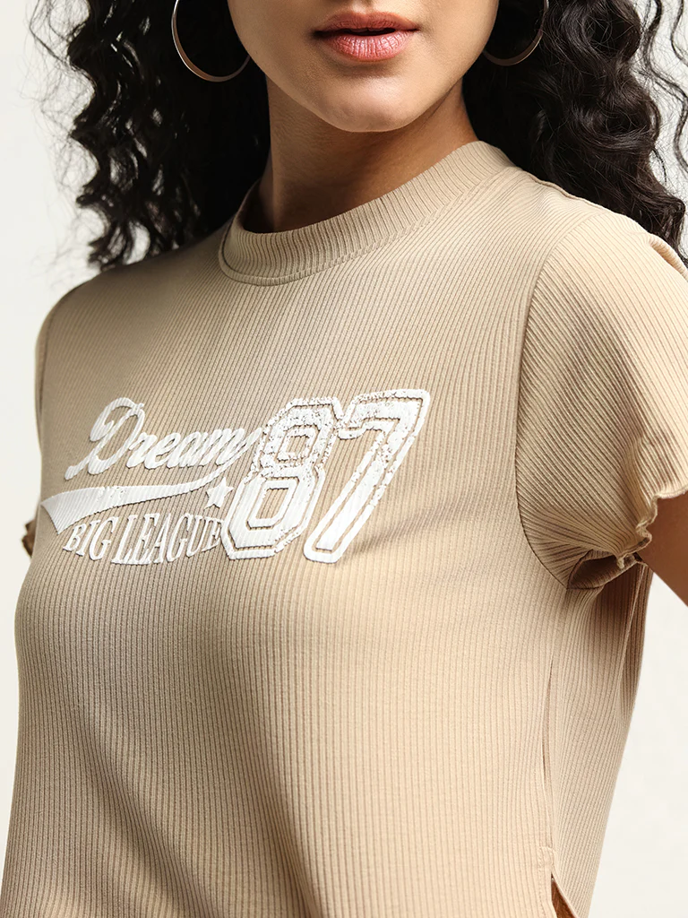 Nuon Beige Printed Cotton Crop T-Shirt - Image 2
