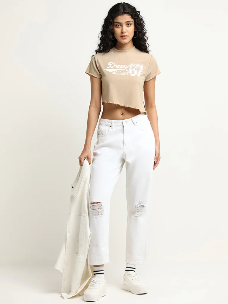 Nuon Beige Printed Cotton Crop T-Shirt - Image 3