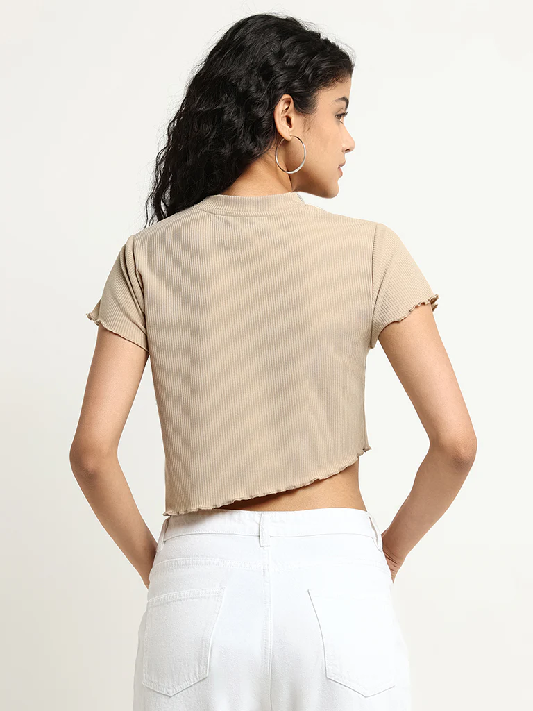 Nuon Beige Printed Cotton Crop T-Shirt - Image 4