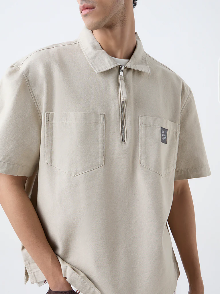 Nuon Beige Relaxed-Fit Cotton Quarter-Zip T-Shirt - Image 4