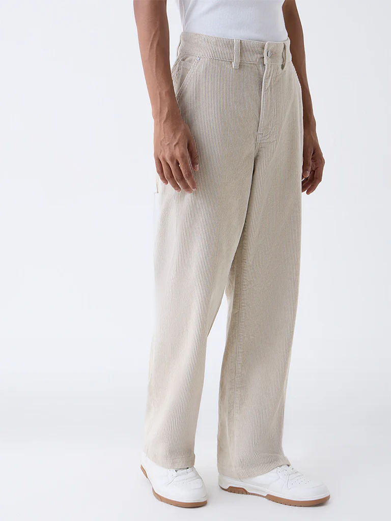 Nuon Beige Relaxed-Fit Mid-Rise Corduroy Trousers - Image 3