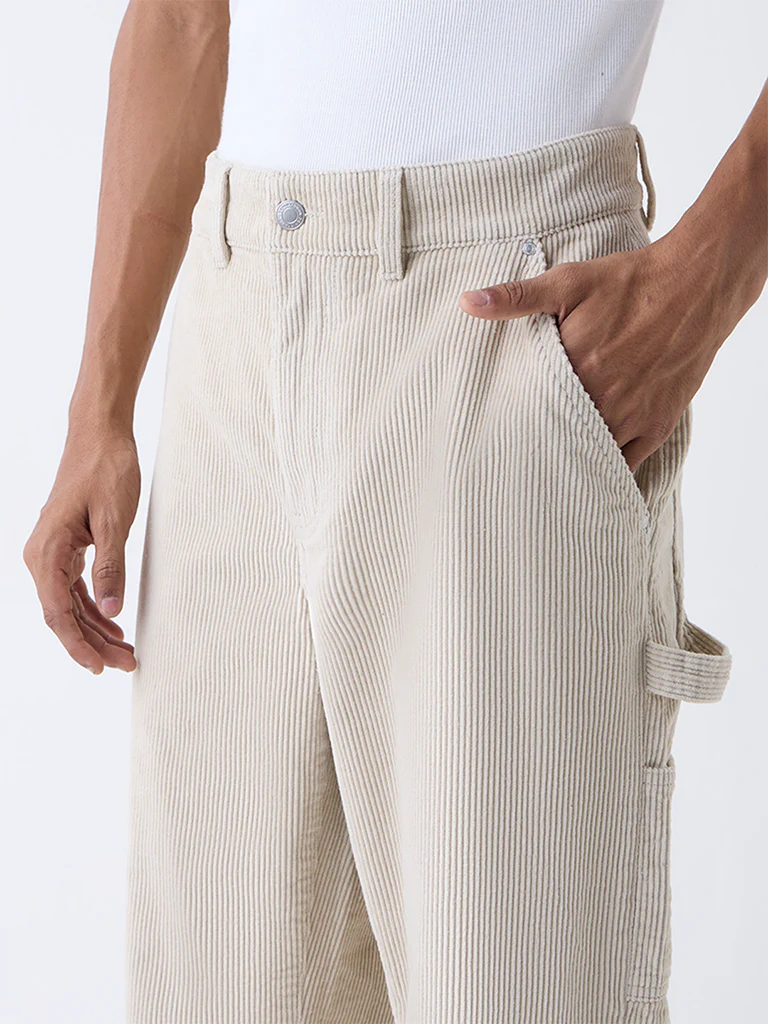 Nuon Beige Relaxed-Fit Mid-Rise Corduroy Trousers - Image 4