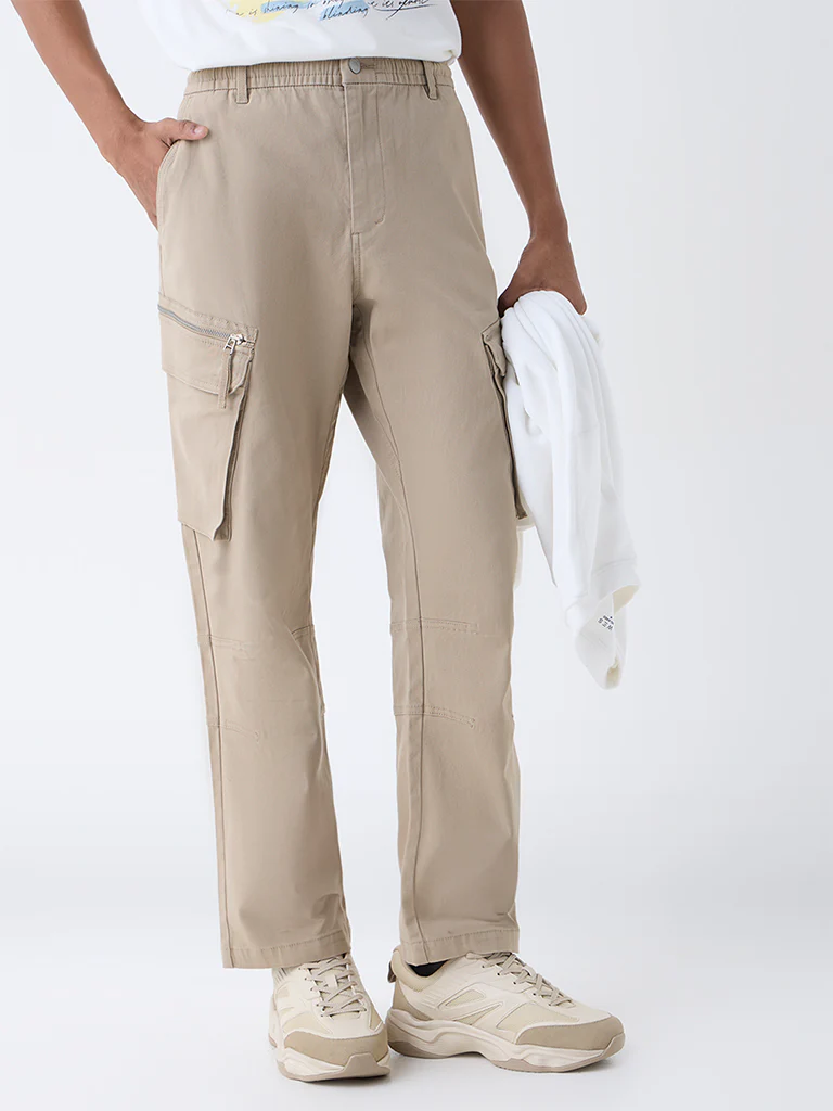 Nuon Beige Relaxed-Fit Mid-Rise Cotton-Blend Cargo Pants - Image 3
