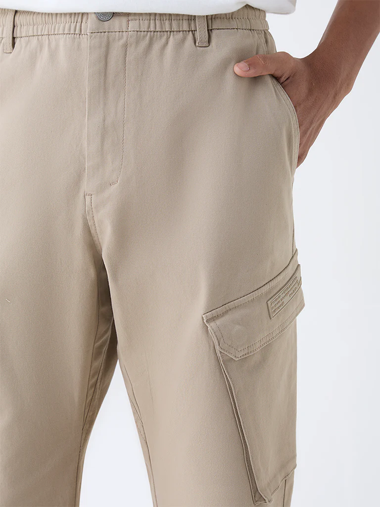 Nuon Beige Relaxed-Fit Mid-Rise Cotton-Blend Cargo Pants - Image 4