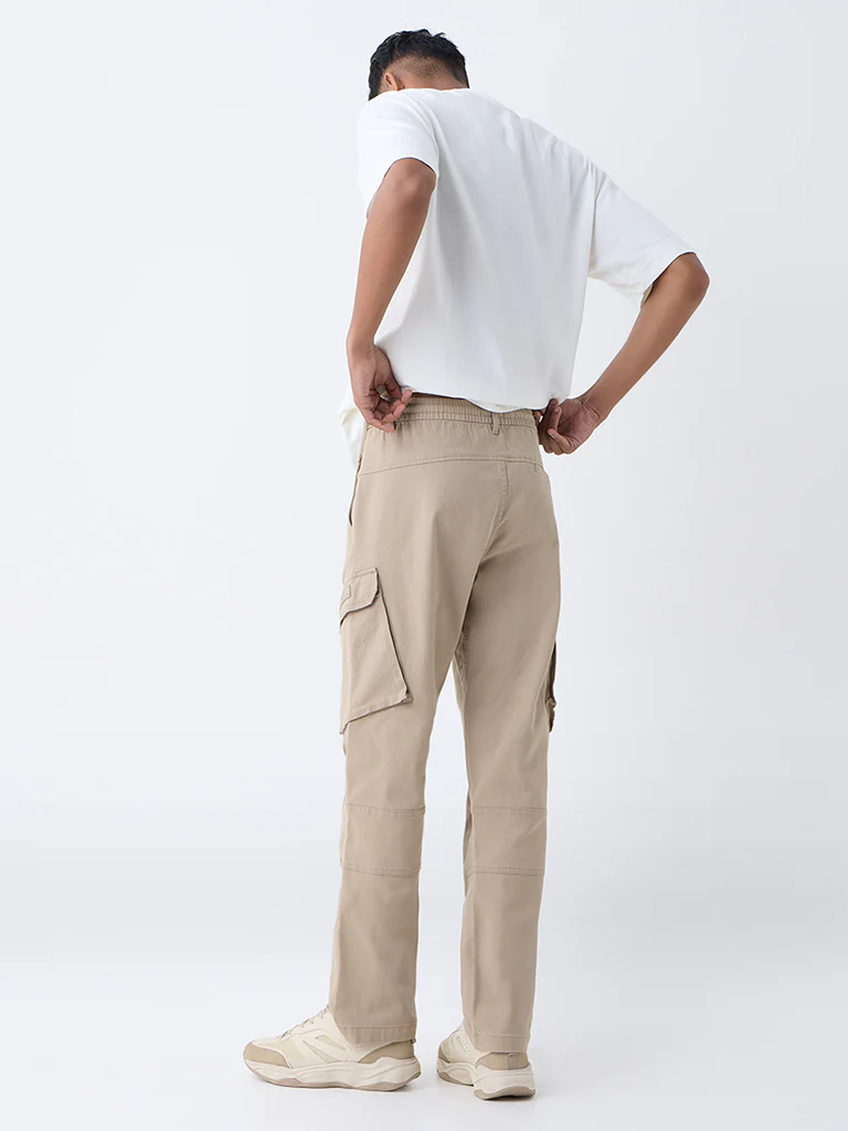 Nuon Beige Relaxed-Fit Mid-Rise Cotton-Blend Cargo Pants - Image 5
