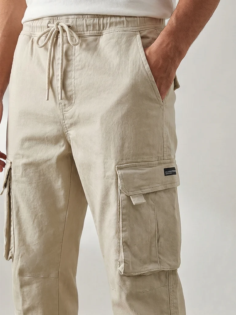 Nuon Beige Relaxed-Fit Mid-Rise Cotton-Blend Cargo Pants - Image 3