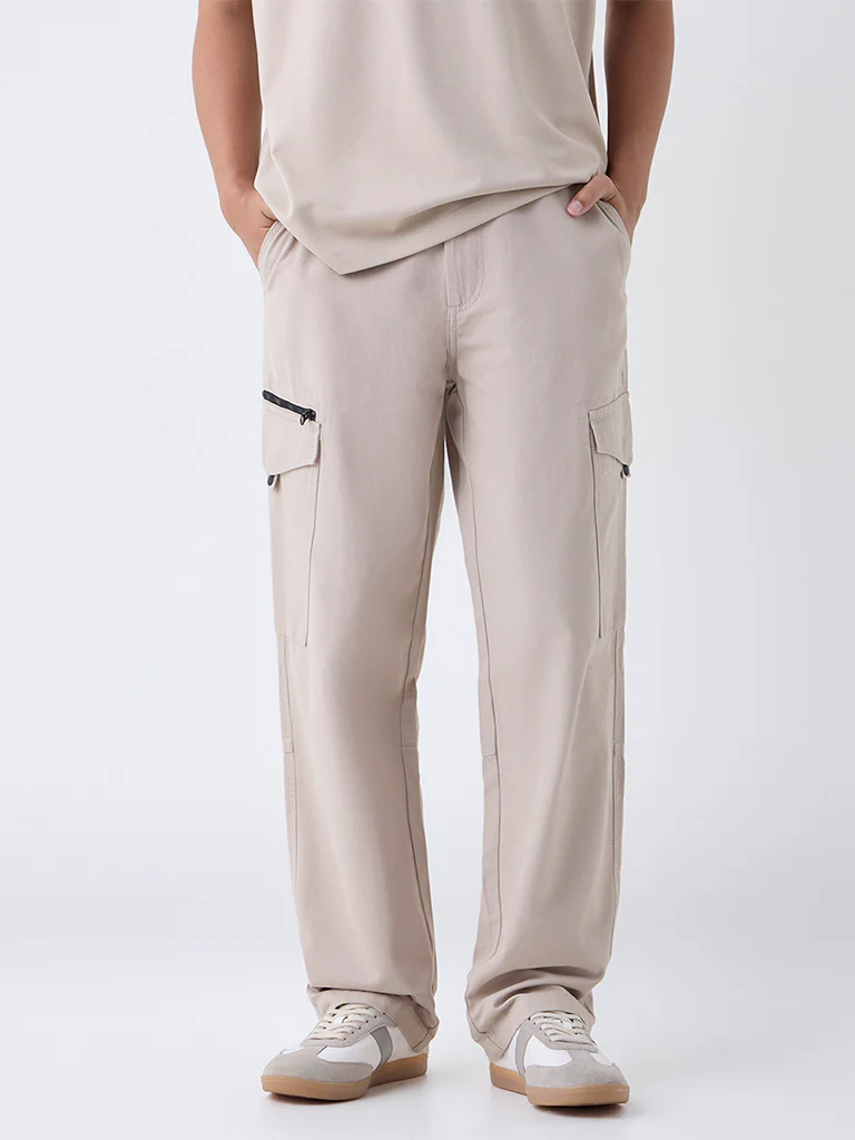 Nuon Beige Relaxed-Fit Mid-Rise Cotton Cargo Pants - Image 3