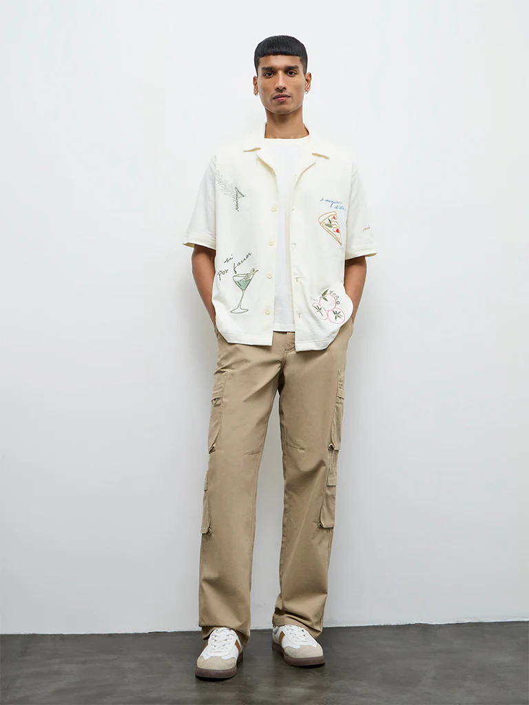 Nuon Beige Relaxed-Fit Mid-Rise Cotton Cargo Pants