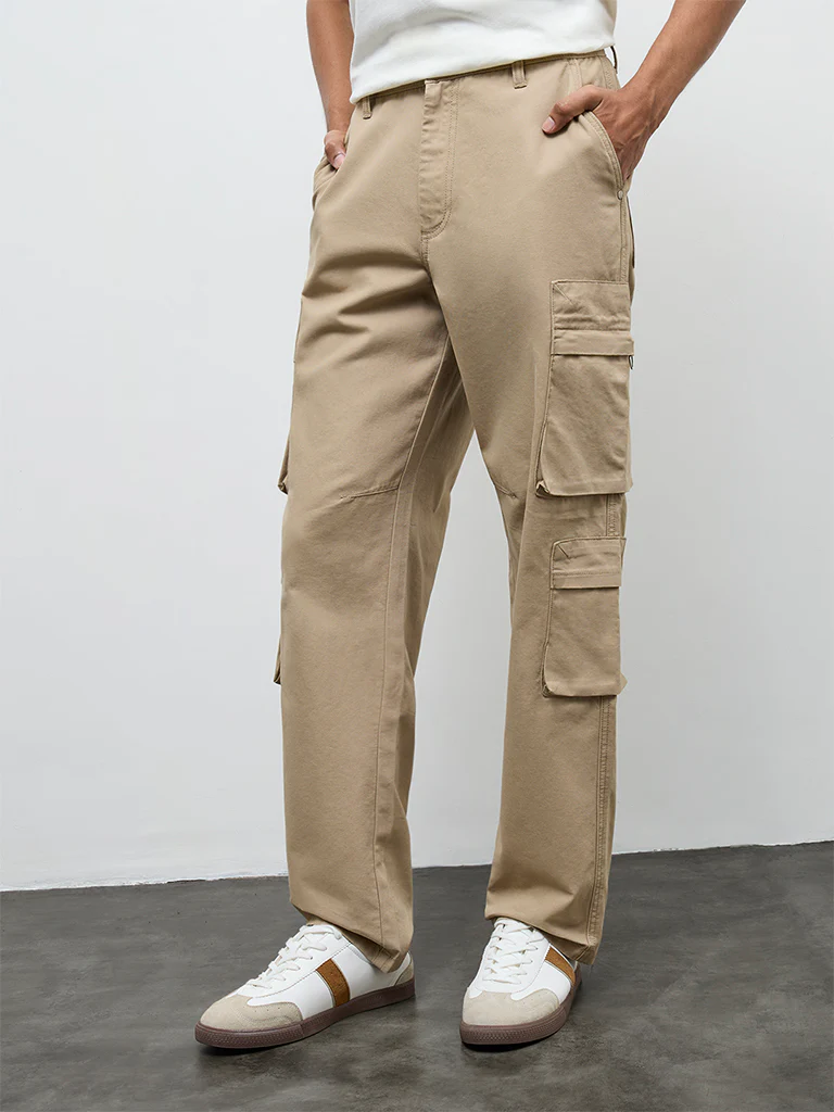Nuon Beige Relaxed-Fit Mid-Rise Cotton Cargo Pants - Image 3