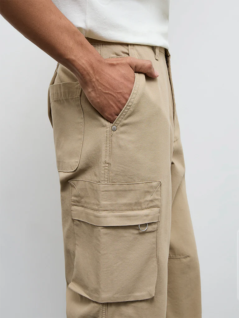 Nuon Beige Relaxed-Fit Mid-Rise Cotton Cargo Pants - Image 4