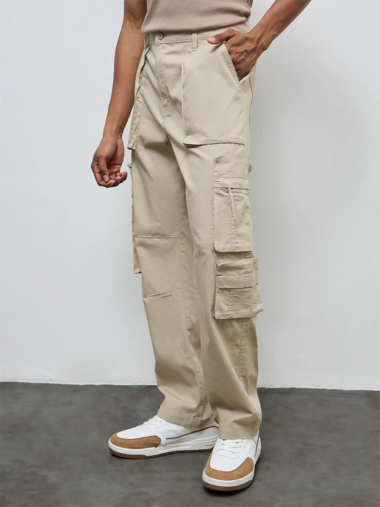 Nuon Beige Relaxed-Fit Mid-Rise Cotton Cargo Pants - Image 3