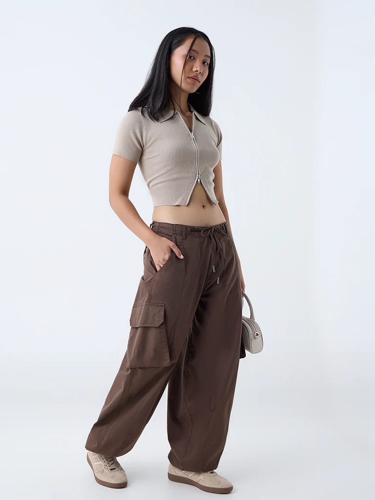 Nuon Beige Ribbed-Textured T-Shirt - Image 2