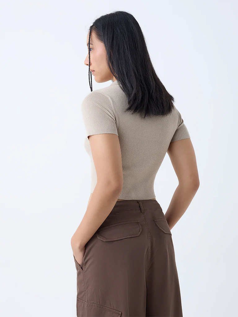 Nuon Beige Ribbed-Textured T-Shirt - Image 4