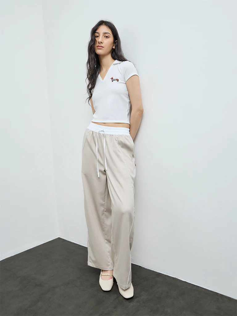Nuon Beige Solid High-Rise Trousers
