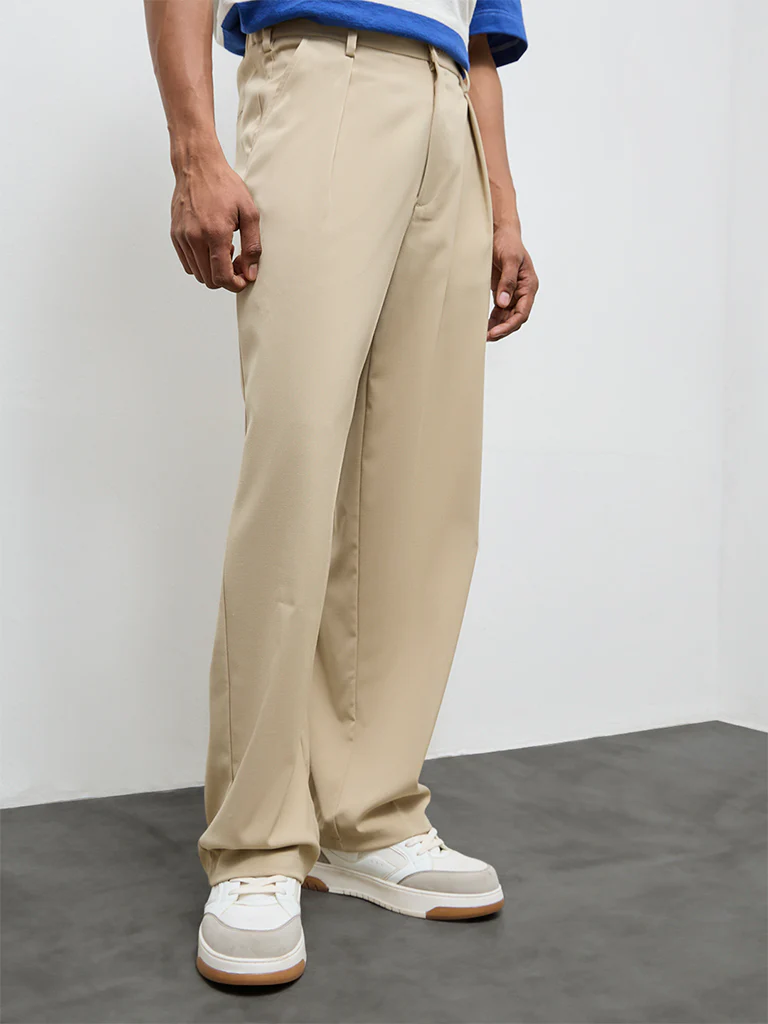 Nuon Beige Solid Relaxed-Fit Mid-Rise Trousers - Image 3