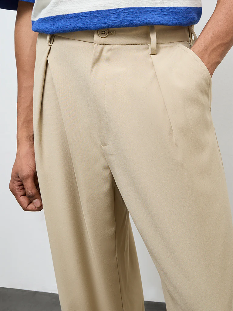Nuon Beige Solid Relaxed-Fit Mid-Rise Trousers - Image 4
