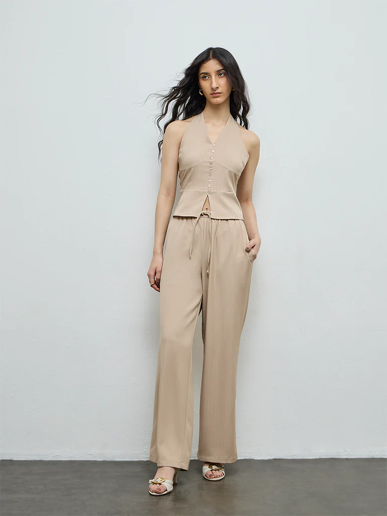 Nuon Beige Striped High-Rise Pants