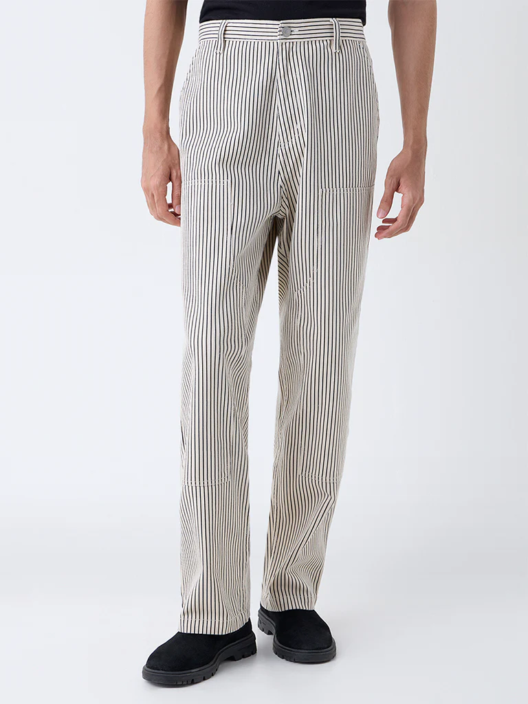 Nuon Beige Striped Loose-Fit Mid-Rise Cotton Pants - Image 2