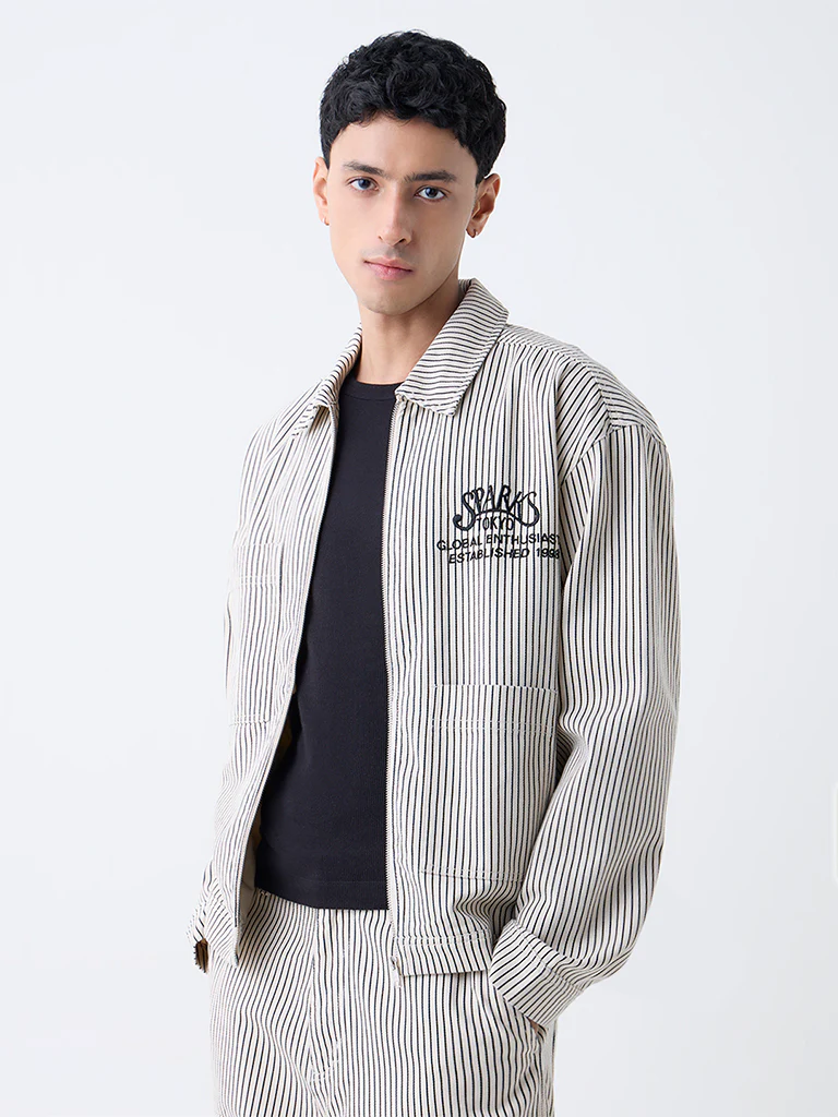 Nuon Beige Striped Relaxed-Fit Cotton Jacket - Image 2