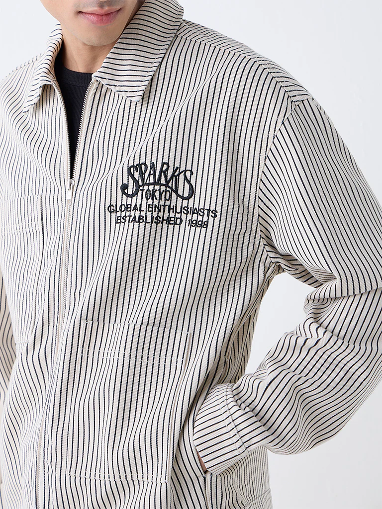 Nuon Beige Striped Relaxed-Fit Cotton Jacket - Image 3