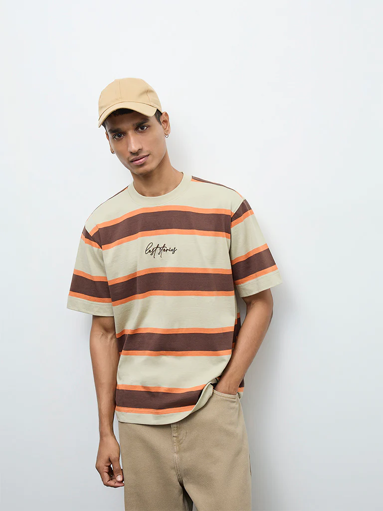 Nuon Beige Striped Relaxed-Fit Cotton T-Shirt - Image 2