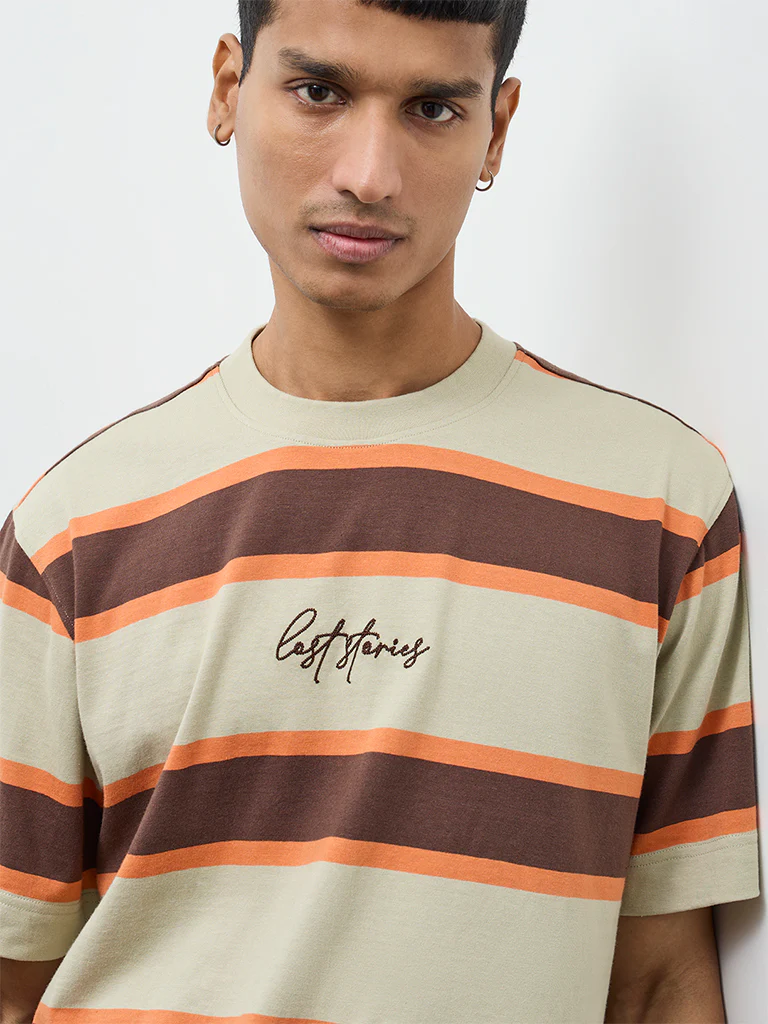 Nuon Beige Striped Relaxed-Fit Cotton T-Shirt - Image 3