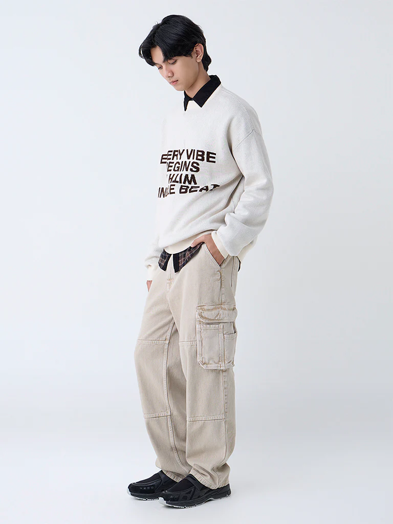 Nuon Beige Text Design Relaxed-Fit Cotton-Blend Sweater - Image 2