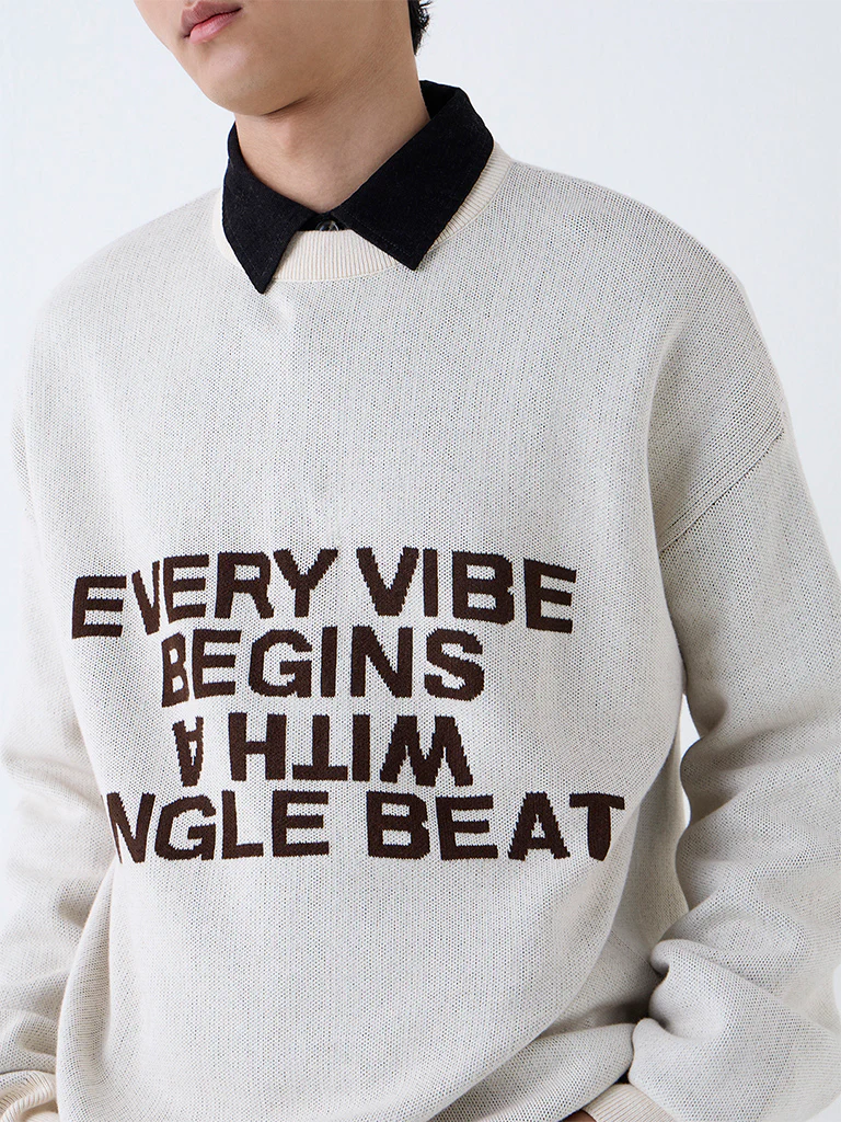 Nuon Beige Text Design Relaxed-Fit Cotton-Blend Sweater - Image 3