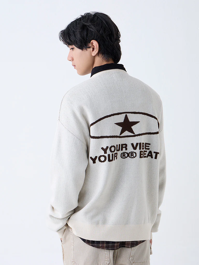 Nuon Beige Text Design Relaxed-Fit Cotton-Blend Sweater - Image 4