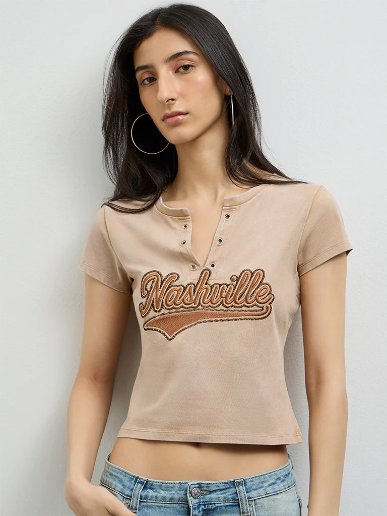 Nuon Beige Text-Embroidered Cotton T-Shirt