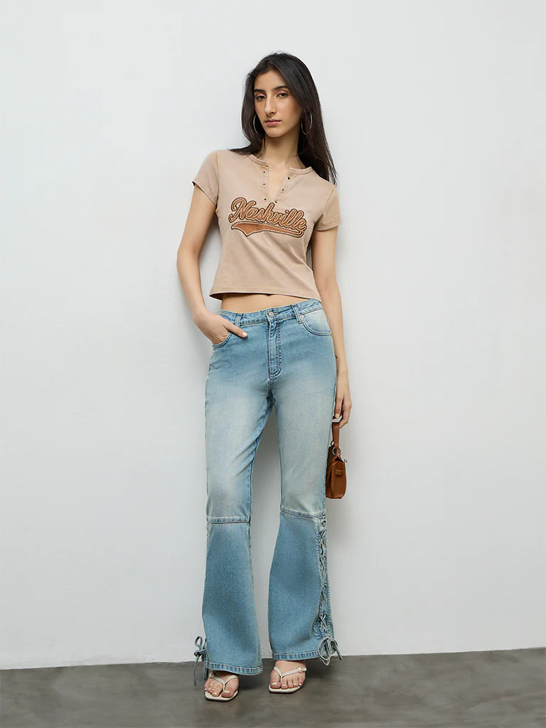 Nuon Beige Text-Embroidered Cotton T-Shirt - Image 2