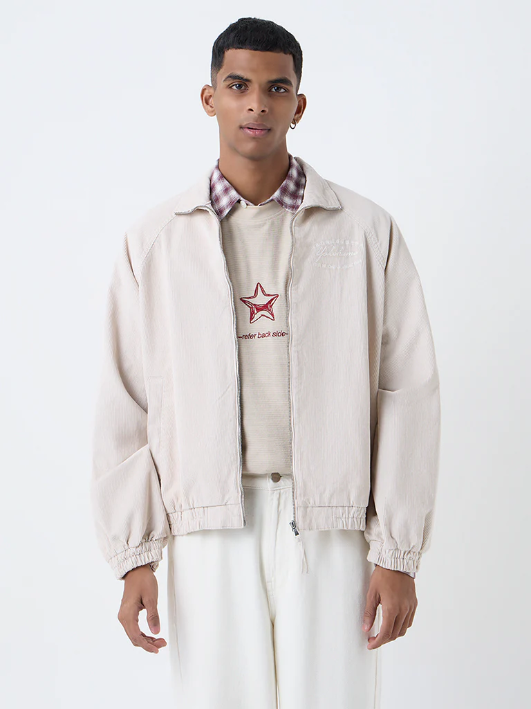Nuon Beige Typographic Relaxed-Fit Corduroy Jacket - Image 2