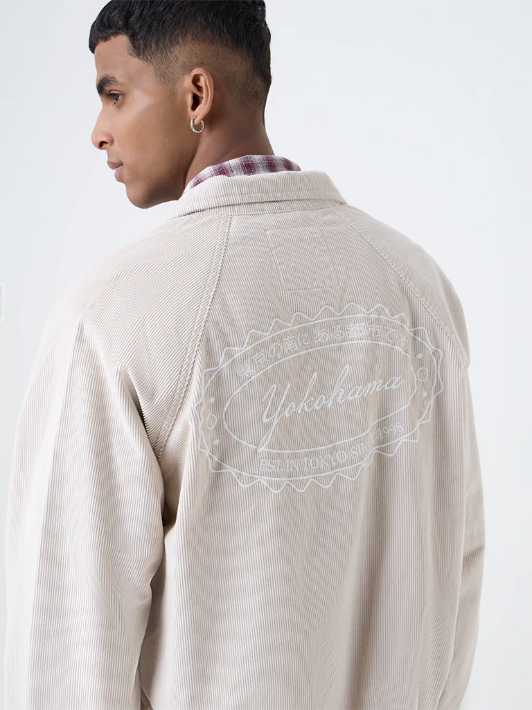 Nuon Beige Typographic Relaxed-Fit Corduroy Jacket - Image 3