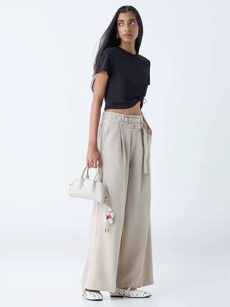 Nuon Beige Wide-Leg High-Rise Trousers with Belt
