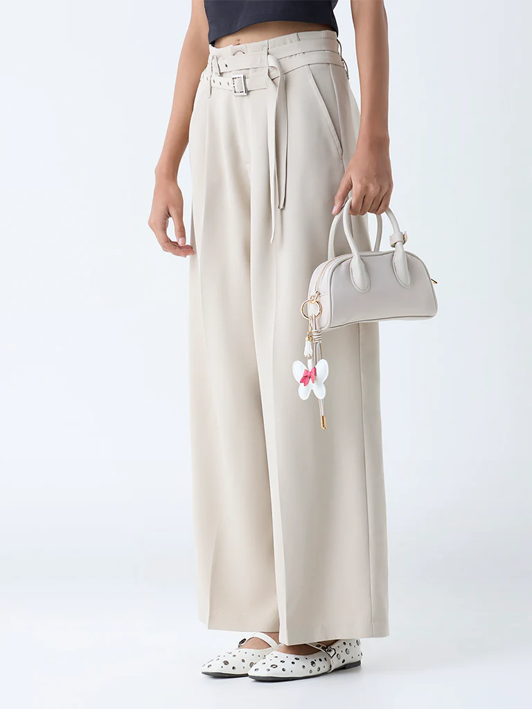Nuon Beige Wide-Leg High-Rise Trousers with Belt - Image 2