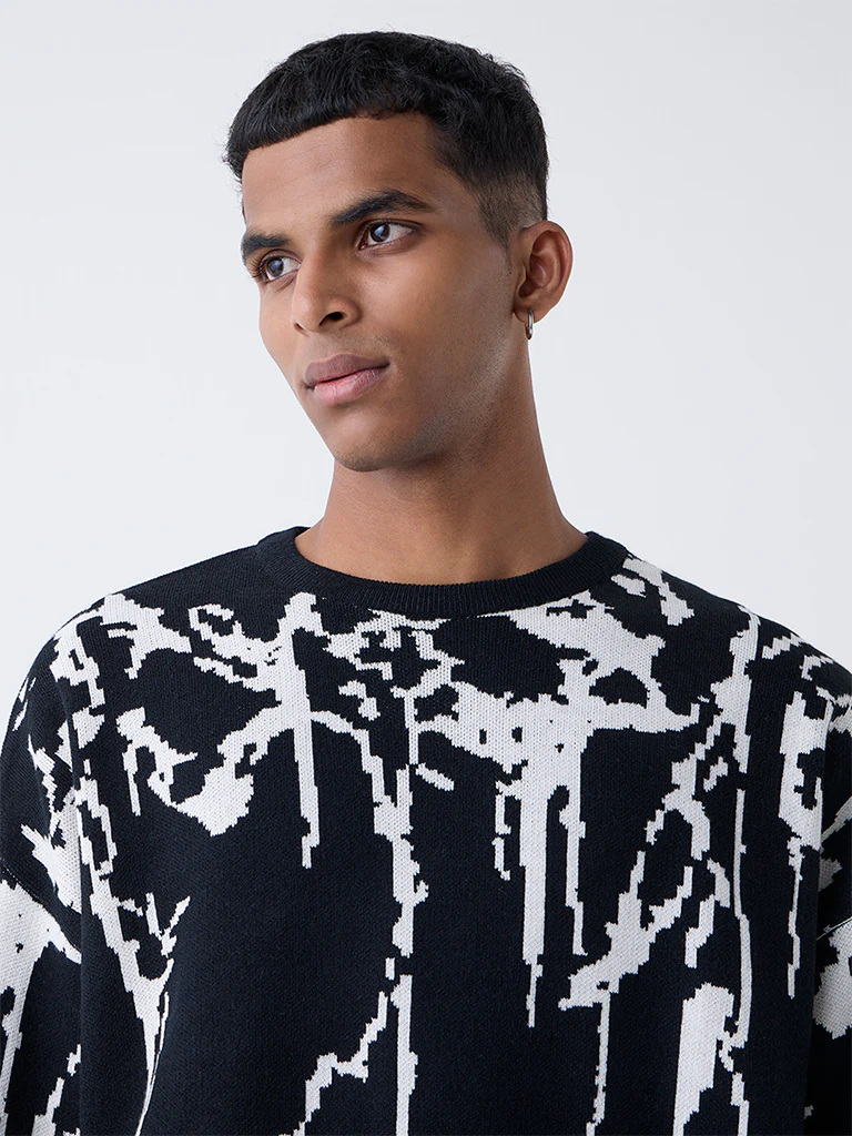 Nuon Black Abstract Design Relaxed-Fit Sweater - Image 3