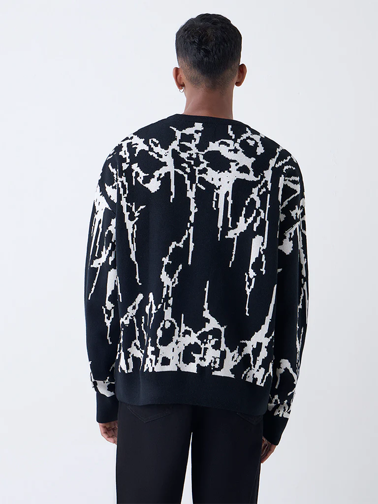 Nuon Black Abstract Design Relaxed-Fit Sweater - Image 4