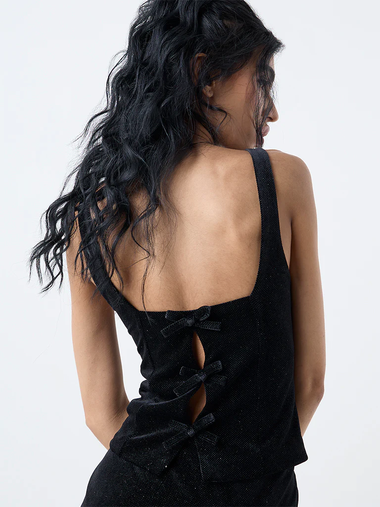 Nuon Black Bow-Detailed Velvet Cotton-Blend Top