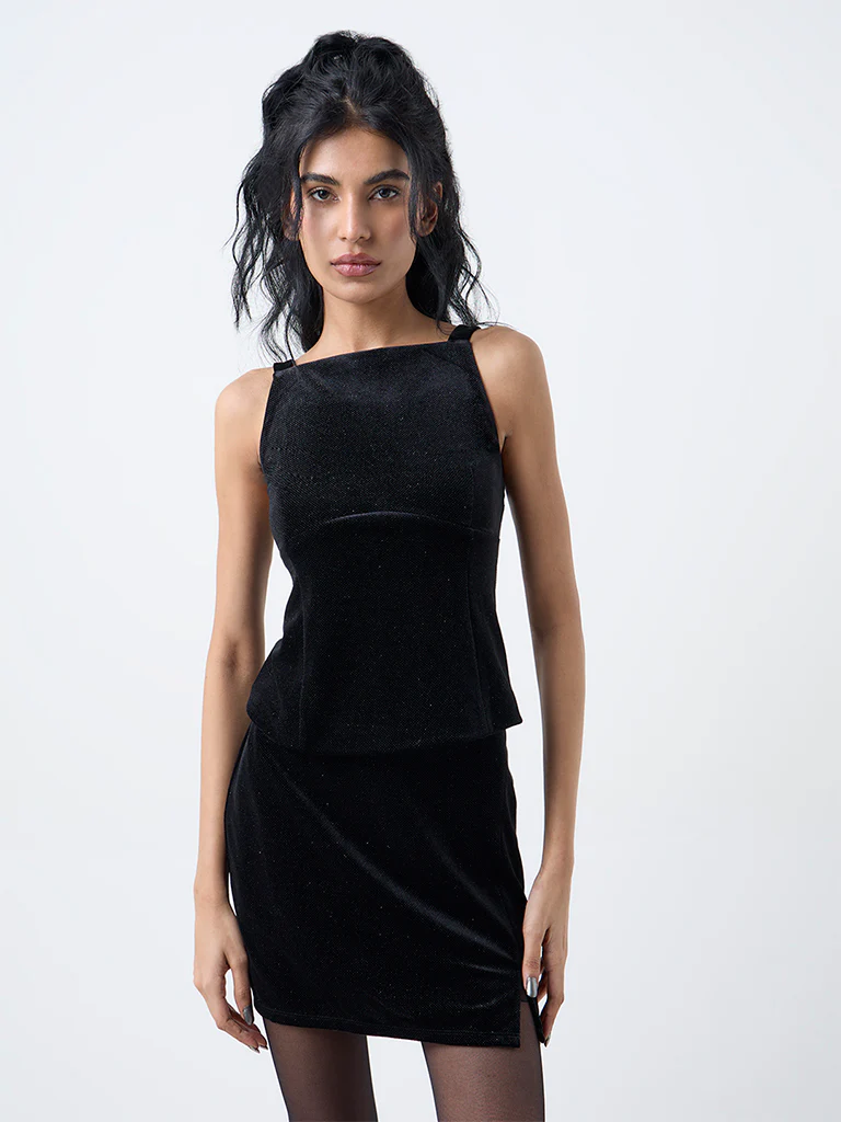 Nuon Black Bow-Detailed Velvet Cotton-Blend Top - Image 2