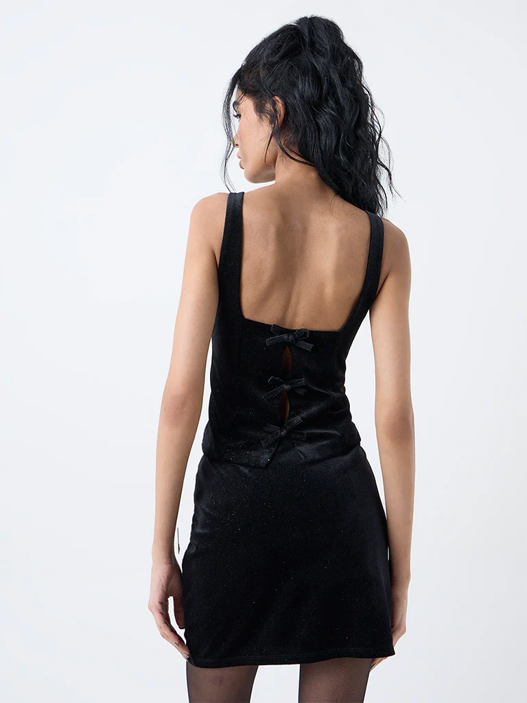 Nuon Black Bow-Detailed Velvet Cotton-Blend Top - Image 4