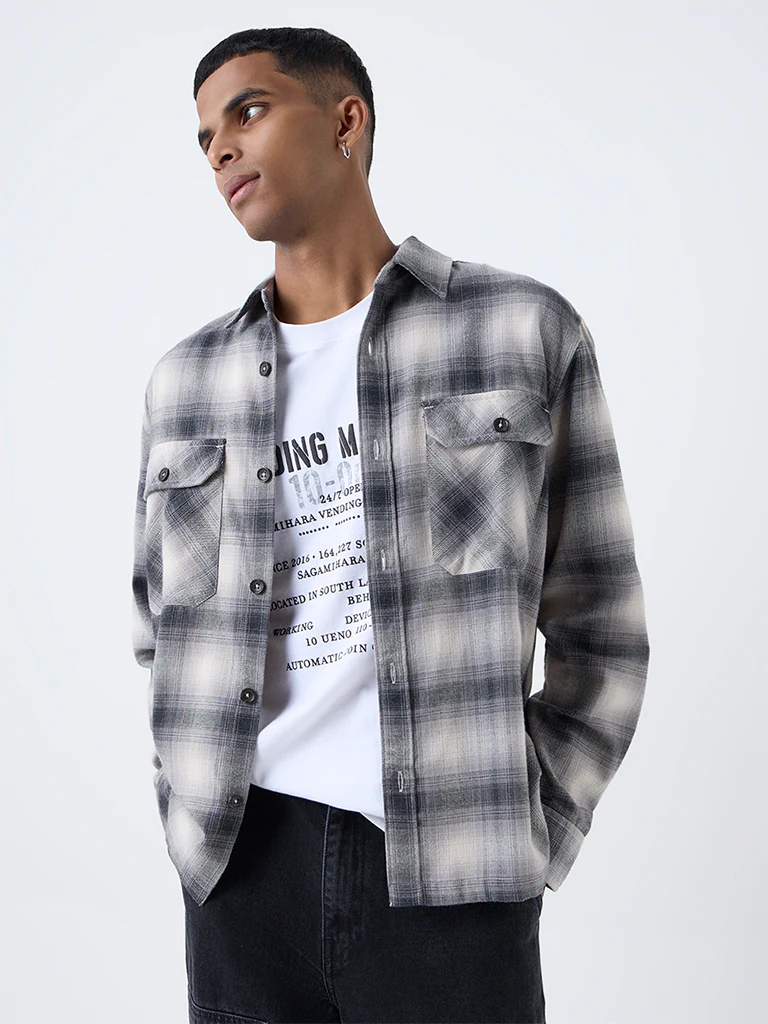 Nuon Black Check Pattern Relaxed-Fit Cotton-Blend Shirt