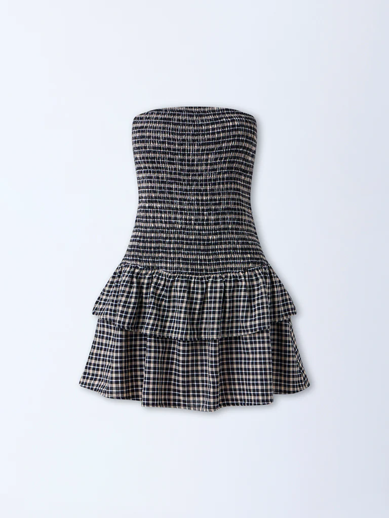 Nuon Black Checks Printed Smocked Cotton Tube Dress - Image 5