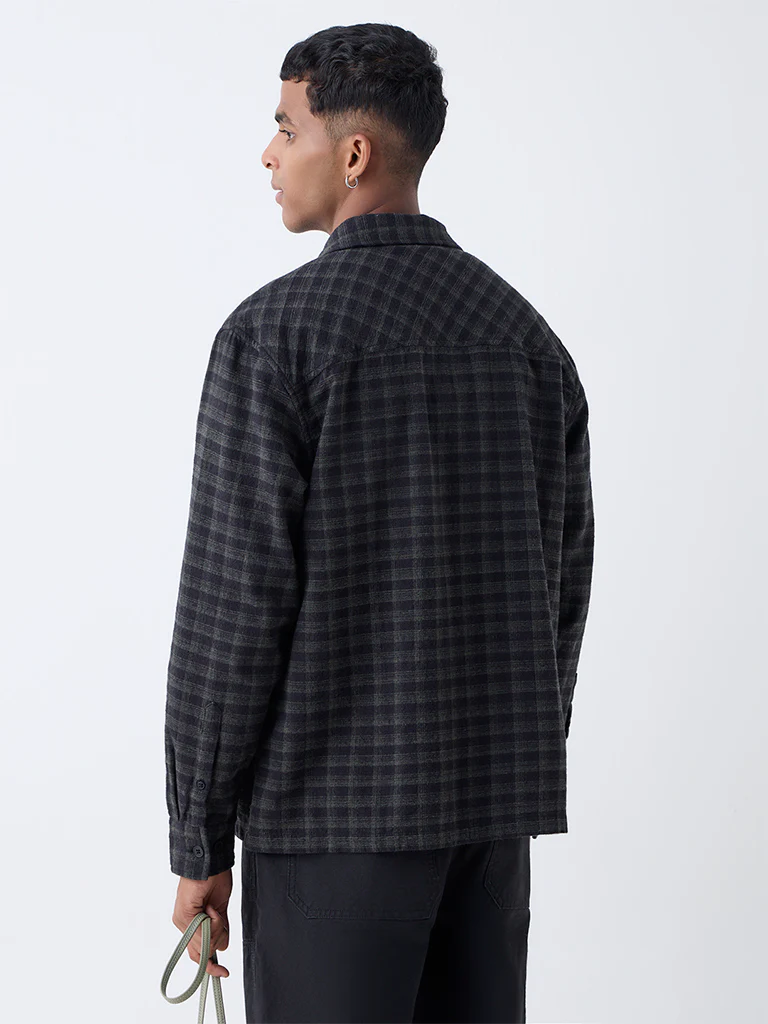 Nuon Black Checks Pattern Relaxed-Fit Cotton Shirt - Image 4
