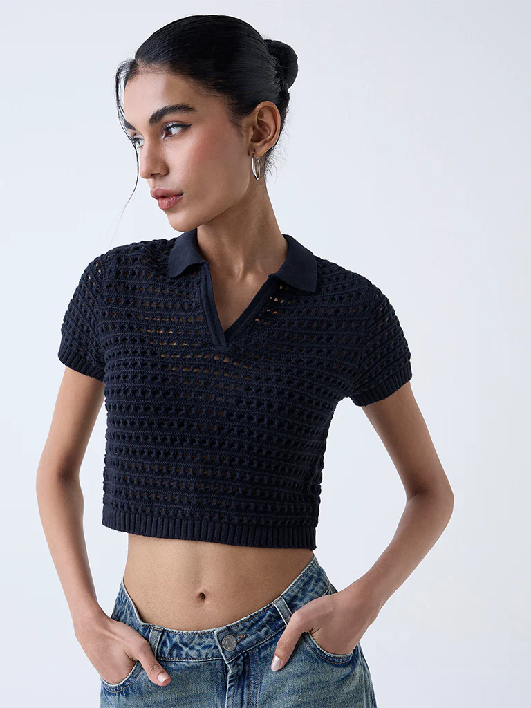 Nuon Black Crochet-Detailed Cotton Top