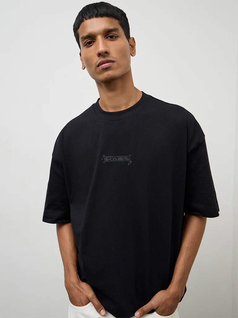 Nuon Black Embossed Oversized-Fit Cotton T-Shirt