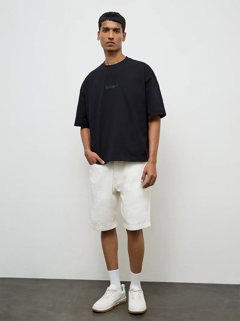 Nuon Black Embossed Oversized-Fit Cotton T-Shirt - Image 2