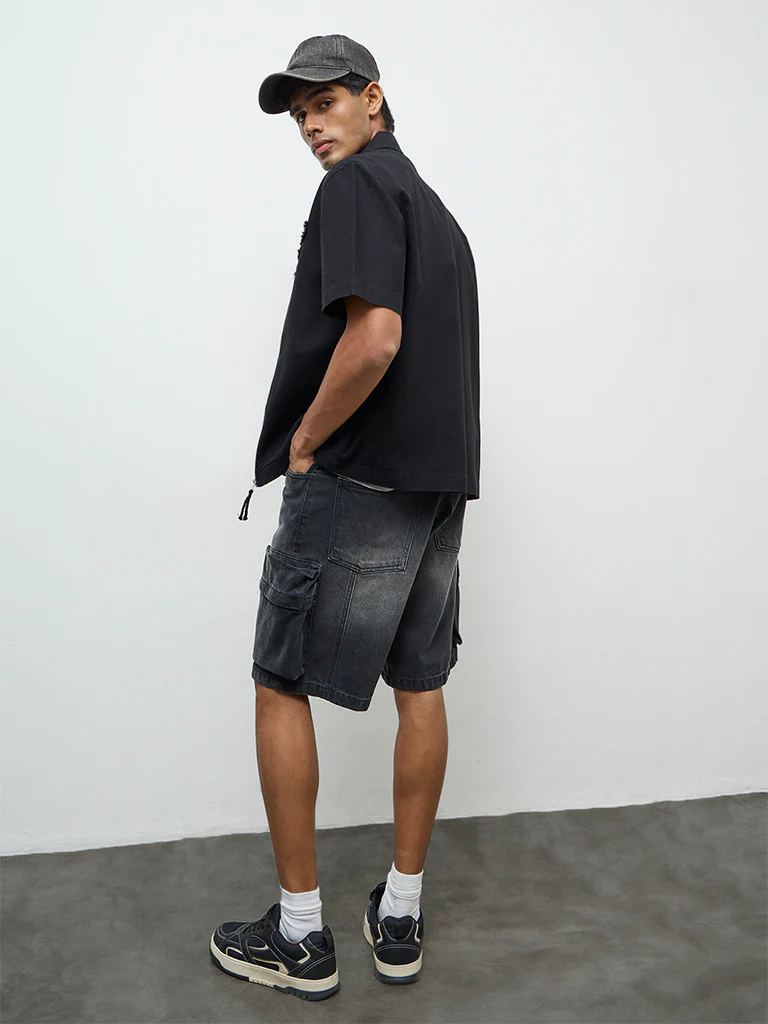 Nuon Black Embroidered Relaxed-Fit Cotton Shacket - Image 4