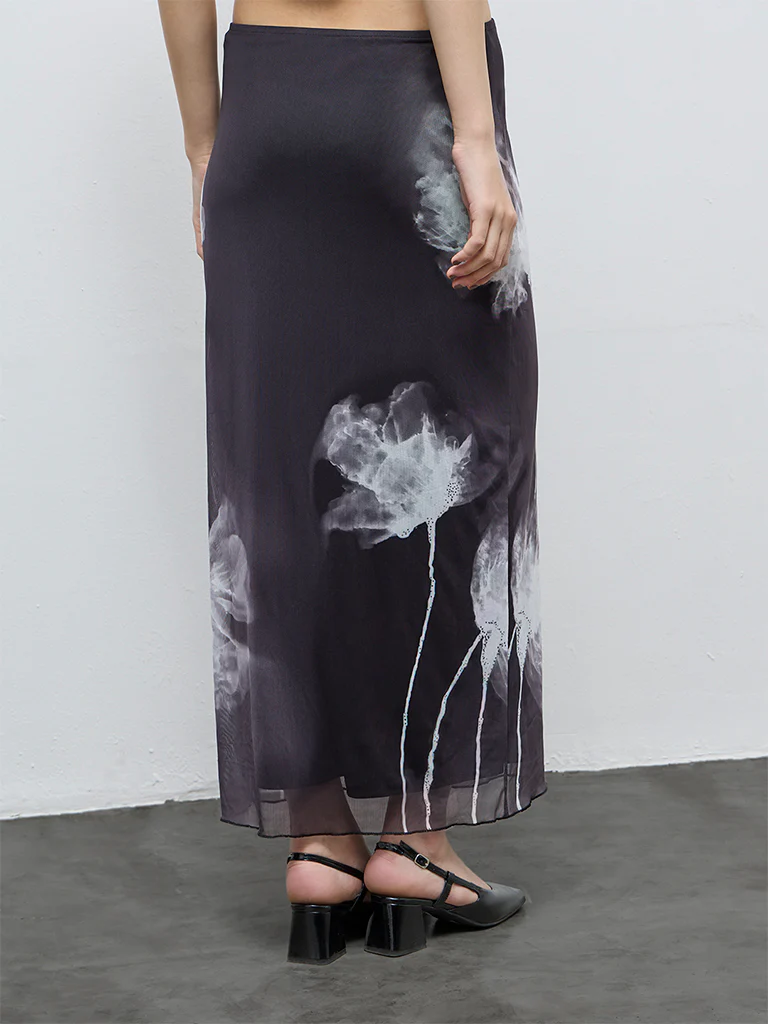Nuon Black Floral Printed High-Rise Mesh Skirt - Image 4