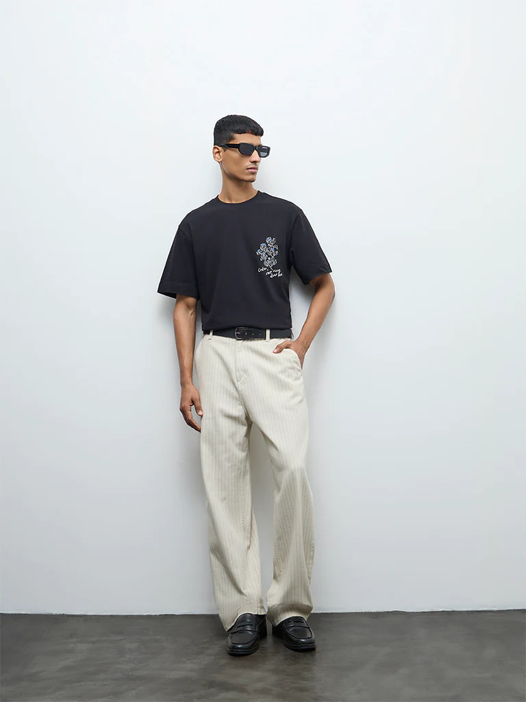 Nuon Black Floral Relaxed-Fit Cotton T-Shirt - Image 2