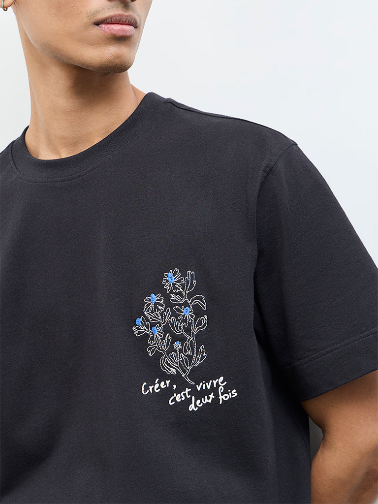 Nuon Black Floral Relaxed-Fit Cotton T-Shirt - Image 3